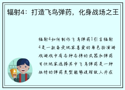 辐射4：打造飞鸟弹药，化身战场之王